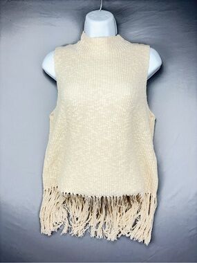 Rails Cream Sleeveless Mock Nick Knit Fringe Hem Top Size M